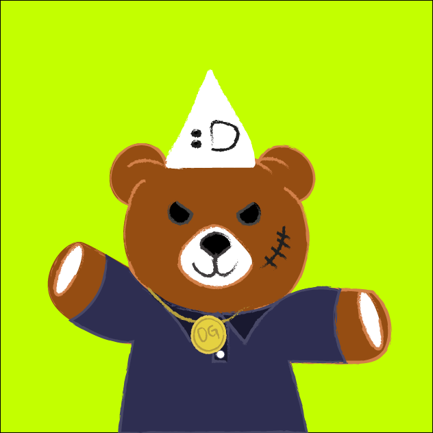 Olive puppet with blue star cap holding satoshi sign